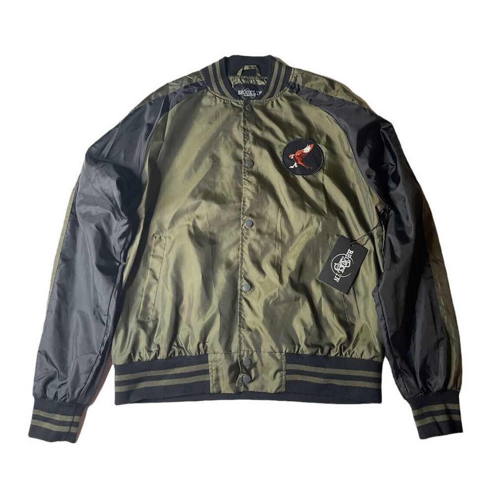 Brooklyn Standard Mens Bomber Jacket Olive Green Black Snap Front Patches Size L